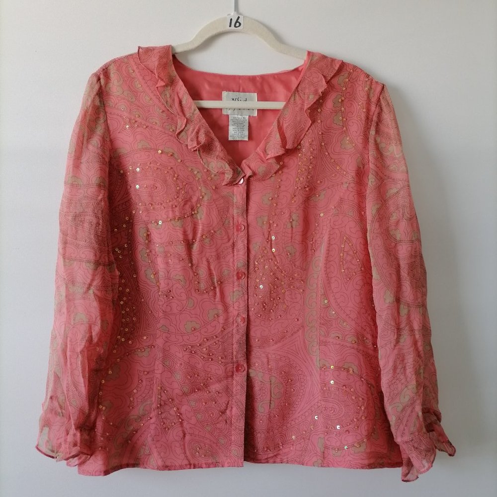 Vision Apparel Womens Coral Pink Paisley Sequin Ruffle Long Sleeve Blouse Top XL